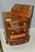 A 20TH CENTURY GEORGE III STYLE MAHOGANY MINIATURE CHEST WITH THREE GRADUATED DRAWERS, on bracket