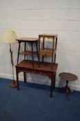 AN EDWARDIAN WALNUT OCCASIONAL TABLE, together with a mahogany telephone table, side table with a