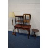 AN EDWARDIAN WALNUT OCCASIONAL TABLE, together with a mahogany telephone table, side table with a