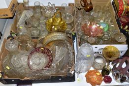 THREE BOXES AND LOOSE GLASSWARE, including coloured and press moulded pieces, Carnival glass