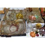 THREE BOXES AND LOOSE GLASSWARE, including coloured and press moulded pieces, Carnival glass