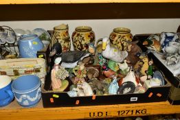 THREE BOXES AND LOOSE CERAMICS AND ORNAMENTS etc, to include Falcon Ware 'Cavalier' jugs and