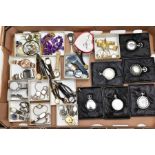 A BOX OF ASSORTED WRISTWATCHES, NOVELTY POCKET WATCHES AND COSTUME JEWELLERY, to include a variety