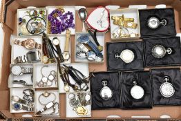 A BOX OF ASSORTED WRISTWATCHES, NOVELTY POCKET WATCHES AND COSTUME JEWELLERY, to include a variety