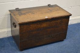 A PERIOD PLANK OAK COFFER, width 85cm x depth 49cm x height 52cm (alterations)