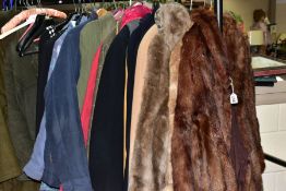 A GROUP OF LADIES COATS, GILETS, DRESSES, ETC, to include a short brown mink fur jacket, a long