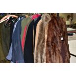 A GROUP OF LADIES COATS, GILETS, DRESSES, ETC, to include a short brown mink fur jacket, a long