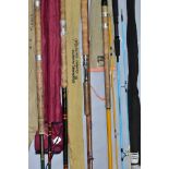 A BUNDLE OF FIVE ASSORTED FISHING RODS, including a Bennetts of Sheffield 12½ft three section