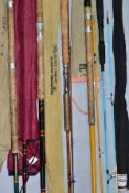 A BUNDLE OF FIVE ASSORTED FISHING RODS, including a Bennetts of Sheffield 12½ft three section