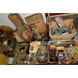 FIVE BOXES AND LOOSE OF HOUSEHOLD GLASSWARE, CROCKERY, UTENSILS, WICKER AND CANE ITEMS, ETC,