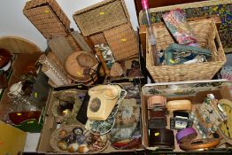 FIVE BOXES AND LOOSE OF HOUSEHOLD GLASSWARE, CROCKERY, UTENSILS, WICKER AND CANE ITEMS, ETC,