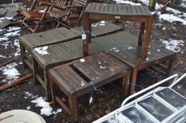 SEVEN HARDWOOD GARDEN STOOLS, all labelled 'Peninsula collection' 65cm wide 40cm deep and 44cm