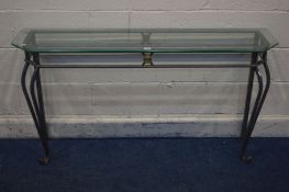 A MODERN METAL GLASS TOPPED HALL TABLE, width 141cm x depth 35cm x height 74cm