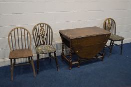 A EARLY TO MID 20TH CENTURY OAK BARLEY TWIST GATE LEG TABLE, and three various chairs (sd) (4)