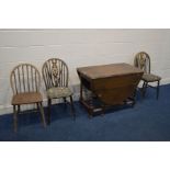 A EARLY TO MID 20TH CENTURY OAK BARLEY TWIST GATE LEG TABLE, and three various chairs (sd) (4)