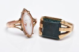 A CAMEO AND A BLOODSTONE SIGNET RING, to include a rose gold tone, worn cameo ring of a marquise