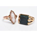 A CAMEO AND A BLOODSTONE SIGNET RING, to include a rose gold tone, worn cameo ring of a marquise