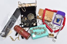 A BOX OF MISCELLANEOUS ITEMS, such as a white metal ring designed with a claw set, step cut