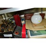 SUNDRY ITEMS, to include brass dressing table mirror, onyx and gilt metal dressing table set, ink
