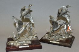 TWO 'MALLARD IN PEWTER' SCULPTURES, by A R Brown, on wooden plinths, total height 14.5cm (2)