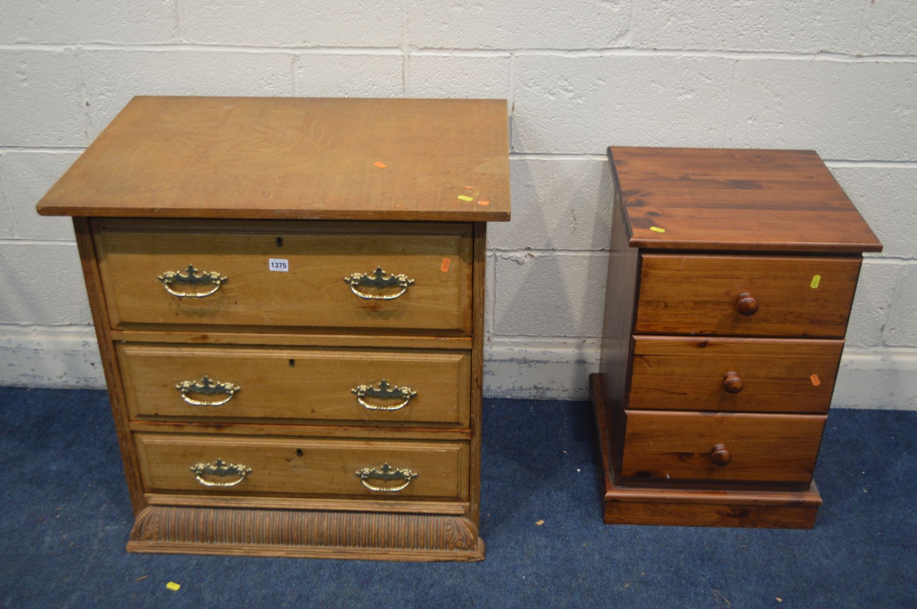 AN OAK CHEST OF THREE LONG DRAWERS, width 76cm x depth 53cm x height 75cm, along with a modern