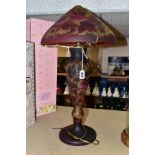 A REPRODUCTION GALLE STYLE LAMP AND SHADE, red and amber cameo style glass with roses and foliage,