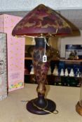 A REPRODUCTION GALLE STYLE LAMP AND SHADE, red and amber cameo style glass with roses and foliage,