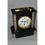 A BLACK SLATE AND MARBLE MANTEL CLOCK, white enamel dial with Roman numeral, hour markers and Arabic