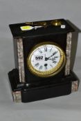 A BLACK SLATE AND MARBLE MANTEL CLOCK, white enamel dial with Roman numeral, hour markers and Arabic