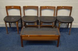 A SET OF FOUR NATHAN TEAK CHAIRS, and a similar smoked glass top coffee table (5)