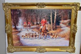 RONALD 'RON' MOSELEY (BRITISH 1931), Huntsmen and Hounds riding through a snowy woodland, signed