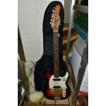 A 1970'S ZENTA TELECASTER STYLE GUITAR with mahogany neck, rosewood fingerboard, sunburst body,