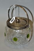 A GEORGE V SILVER MOUNTED CUT GLASS BISCUIT BARREL, with swing handle, pull off cover with ball