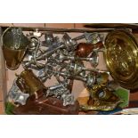 A BOX OF METALWARE, to include a copper and a brass Art Nouveau style crumb tray, various plated