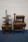 A CARVED OAK BIBLE BOX, along with an oak drop leaf tea trolley, nest of three tables (sd) double