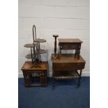 A CARVED OAK BIBLE BOX, along with an oak drop leaf tea trolley, nest of three tables (sd) double