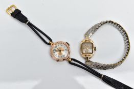 TWO 9CT GOLD LADIES WRISTWATCHES, the first with a square discoloured dial signed 'Majex 17 jewels',