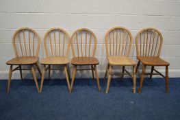 A SET OF THREE BLONDE ERCOL MODEL 400 ELM AND BEECH KITCHEN CHAIRS, along with two similar Ercol