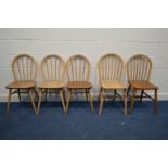 A SET OF THREE BLONDE ERCOL MODEL 400 ELM AND BEECH KITCHEN CHAIRS, along with two similar Ercol