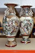 A PAIR OF JAPANESE SATSUMA BALUSTER SHAPED VASES, polychrome decoration depicting Samurai warriors