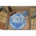 A LATE 18TH/EARLY 19TH CENTURY CHINESE EXPORT BLUE AND WHITE OCTAGONAL PLATTER, extensive damage and