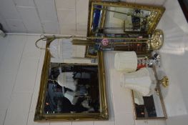 A LARGE MODERN GILT FRAMED BEVELLED EDGE WALL MIRROR, 106cm x 75cm, and three other wall mirrors,