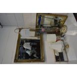 A LARGE MODERN GILT FRAMED BEVELLED EDGE WALL MIRROR, 106cm x 75cm, and three other wall mirrors,