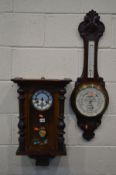 A VIENNA WALL CLOCK, height 60cm (key) along with an Edwardian mahogany aneroid barometer, marked