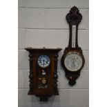 A VIENNA WALL CLOCK, height 60cm (key) along with an Edwardian mahogany aneroid barometer, marked