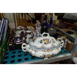 A BOX AND LOOSE CERAMICS, etc, including a Royal Goedewaagen twin handled tureen and cover, Imari