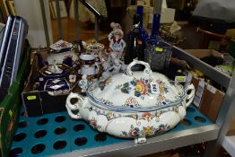 A BOX AND LOOSE CERAMICS, etc, including a Royal Goedewaagen twin handled tureen and cover, Imari