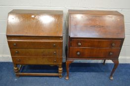 AN OAK BUREAU and a walnut bureau (2)