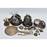 A BOX OF MISCELLANEOUS ITEMS, to include a broken weighted circular silver base possibly candle