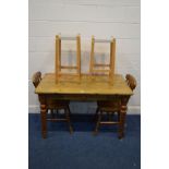 A MODERN PINE KITCHEN TABLE, width 122cm, two pine chairs and a pair of beech bar stools (5)